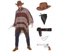 Mens Western Cowboy Poncho + Gunslinger Hat + Black Bandana + Holster + Toy Gun