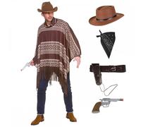 Mens Western Cowboy Poncho + Gunslinger Hat + Holster + Bandana + Plastic Gun