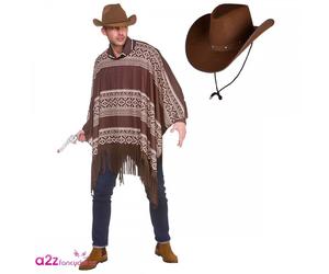 Mens Western Cowboy Poncho + Texan Dark Brown Hat Stag Party Adult Fancy Dress
