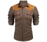 Men's Western Cowboy Shirt Embroidered Long Sleeve Slim Fit Casual Cotton Button Down Hippie Shirts with Flap Pockets Brown XXL