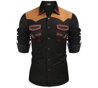 Men's Western Cowboy Shirt Embroidered Long Sleeve Slim Fit Casual Cotton Button Down Hippie Shirts with Flap Pockets Black M