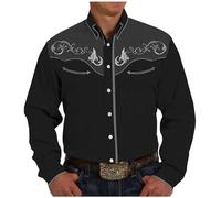 Mens Western Cowboy Shirts Vintage Casual Snap Button Down Tshirt Embroidered Stylish Slim Fit Casual Long Sleeve Shirts Mens Party Shirt Grey XXL