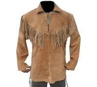Mens Western Cowboy Suede Leather Shirt | Native American Shirts with Fringed| Vintage Lace-Up Pullover Shirt, Dark Brown, Large