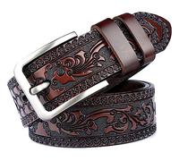 Mens Western Floral Engraved Embossed Tooled Genuine Leather Belt - Square Buckle Casual Belt For Daily Decoration