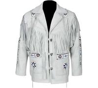 Men's Western Leather Fringe Jacket - White Real Cowboy Coat with Beaded Native American Design, Tribal Rodeo Style (UK, Alpha, XL, Regular, Regular, White)