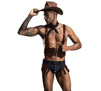 Mens Western Outfits Sexy Lingerie Set with Boxer Short Pouch and Sleeveless Fringe Open Front Vest Role Play Cowboy Boy Uniform Costume Outfit,Brown,XL