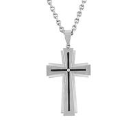 Men's White and Black Stainless Steel Byzantine Cross Pendant on Twisted Curb Chain Necklace - 24”