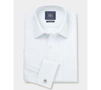 Men's White Blue Cotton Twill Window Check Classic Fit Formal Shirt - Double Cuff - Size: 16" x Standard - 34.5" - Savile Row Company