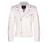 Mens White FRINGE Leather Biker Jacket Brando TASSELED Motorcycle Retro Cow Hide