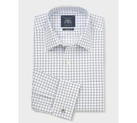 Men's White Navy Cotton Twill Window Check Classic Fit Formal Shirt - Double Cuff - Size: 19" x Standard - 37.5" - Savile Row Company