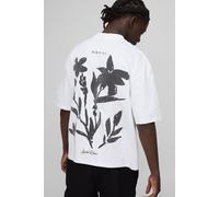 Mens White Oversized Boxy Extended Neck Floral Flock Print T-Shirt, White S