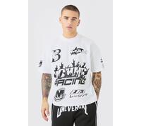 Mens White Oversized Boxy Extended Neck Homme Moto Graphic T-shirt, White S