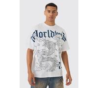 Mens White Oversized Boxy Extended Neck Over Seams Print T-Shirt, White M