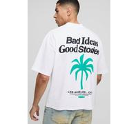 Mens White Oversized Boxy Extended Neck Palm Slogan T-Shirt, White M