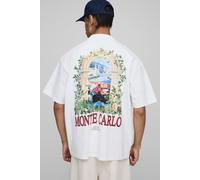 Mens White Oversized Extended Neck Man Monte Carlo Printed T-Shirt, White L