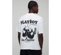 Mens White Oversized Extended Neck Playboy License Printed T-Shirt, White M