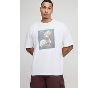 Mens White Oversized Floral Photo Box Printed T-Shirt, White XS