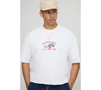 Mens White Oversized Shrunken Raw Edge Faded Moto Graphic T-Shirt, White L