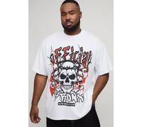 Mens White Plus Oversized Extended Neck Graffiti Bronx Skulls Print T-Shirt, White 5XL