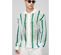 Mens White Regular Fit Open Stitch Stripe Long Sleeve Knitted Shirt, White XL