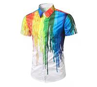 Mens White Shirt Collar Colorful Paint Pattern Short Sleeve Shirt Tshirts (White, XL)