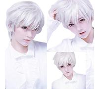 Men's White Short Natural Synthetic Hair Wig - Pixie Cut Layered Full Curly With Bangs, Heat Resistant Hairpiece for Boys, Guys, Band - Carnival Party Cosplay