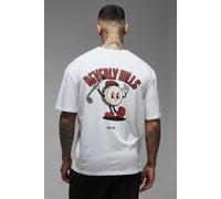 Mens White Tall Oversized Beverley Hills Golf Cartoon Graphic T-Shirt, White S