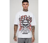 Mens White Tall Oversized Extended Neck Graffiti Bronx Skulls Print T-Shirt, White L
