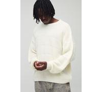 Mens White Tall Oversized Textured Knit Fisherman Jumper, White XL