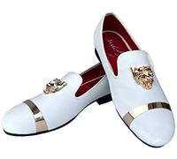 Men's White Velvet Loafers Dress Shoes with Gold Buckle Slip-on Smoking Slippers Wedding Flats (8 UK, White)