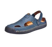 Mens Wide Fit Sandals Leather Hollow Sliders Closed Toe Beach Shoes ArchSupport Orthopedic Adjusted Back Strap Breathable Lightweight Casual Walking Hiking Outdoor Sandals (Blue, 6.5)