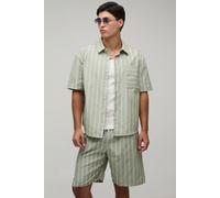 Men's Wide Stripe Oversized Curved Hem Shirt & Baggy Short Set | Sage | Size Large | BOOHOOMAN