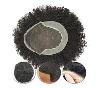 Mens Wig Afro Curly Hair Toupee for Men Swiss Lace & PU Skin Base System Unit 4-25mm Natural Black Indian Human Men's Toupee
