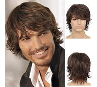 Mens Wig Brown Short Layered Natural Wave Synthetic Male Wigs with Bangs Halloween Cosplay Party Costume Daily