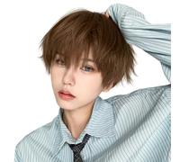 Mens Wig Linen Brown Short Straight Wigs for Boys Unisex Short Wig with Bangs Heat Resistant Synthetic Replacement Wigs for Cosplay Daily Party
