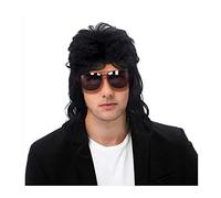 Men's Wig, Men Wigs 80s Disco Mullet Wig Long Curly Male Wig Halloween Costumes Punk Rocker Wig Soft High Temperature Synthetic Fiber Wigs,Natural-Looking Wigs for Men(Black)