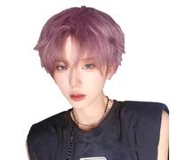 Mens Wig Pink Purple Short Straight Wigs for Boys Unisex Short Wig with Bangs Heat Resistant Synthetic Replacement Wigs for Cosplay Daily Party