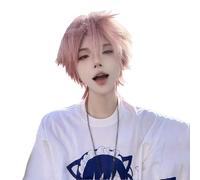 Mens Wig Pink Short Straight Wig for Boys Unisex Short Pink Cosplay Wigs Heat Resistant Synthetic Replacement Wigs for Cosplay Daily Party
