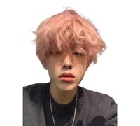 Mens Wig Pink Short Straight Wigs for Boys Short Pink Wig with Bangs Heat Resistant Synthetic Replacement Wigs for Cosplay Daily Party