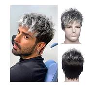 Men's Wig, Short Wigs for Men Natural Fluffy Straight Wig with Dark Roots Gray Mixed Black Synthetic Wig with Bangs for Daily Cosplay Costume,Natural-Looking Wigs for Men