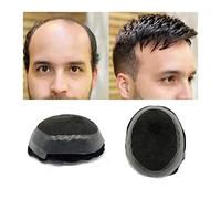 Mens Wig Toupee Mono Lace with PU Around and French Lace in Front Men's Toupee 10x8inch Indian Hair Replacement Hairpiece for Men, #1B Black Color Toupee for Men(130%)