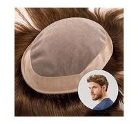 Men's Wigs Bun Hair 6" Straight Human Hair System Fine Mono Top and PU Perimeter Men Toupee 120% Density 4# Brown Color Breathable Men's Toupee Mens Wig Cosplay Wig(8x10)