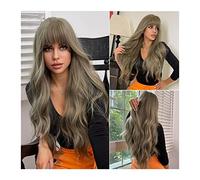 Men's Wigs Bun Hair for Men Olive Grey Wig for Women, Long Water Wavy Wigs with Bangs,Natural Heat Resistant Synthetic Fiber Hair Wigs for Fashion Women Girls Party Cosplay Mens Wig Toupee for Men