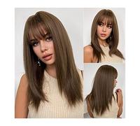 Men's Wigs Bun Hair for Men Straight Wigs with Bangs Synthetic Medium Long Wigs for Women Straight Brown Wig with Bangs Heat Resistant Fiber Natural Looking for Daily Party Mens Wig Toupee for Men
