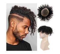 Men's Wigs Bun Hair Kinky Curly Toupee for Black Men Remy Human Hair Replacement System Mono Lace with PU Around 1B# Off Black Breathable Afro Curl Men Hair Pieces Mens Wig Cosplay Wig(8x10)