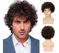 Mens Wigs Curly Short Brown Layered Wig Syntheric Replacement Cosplay Costume Party Daily Wear Hair Wig with Cap
