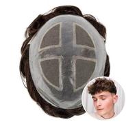Men's Wigs European Human Hair Pieces for Men 0.06-0.08mm PU Skin with French Lace Men's Hair System Natural and Fluffy Synthetic Wig(6-Light Brown,7x9)