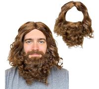 Mens Wigs Long Curly Fluffy Wig and Moustache Cosplay Halloween Character Costume, Jesus costume, Fancy Dress Wig, Layered Curly Fake Wizard Hair Adult Christmas Cosplay Party