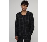 Men's Windowpane Checked Collarless Regular Fit Wrap Blazer | Black | Size 42 | BOOHOOMAN
