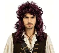 Men's Wine Red Curly Pirate Wig 70cm Long Wavy Captain Costume Wig 70s/80s Disco Party Retro Rock Style Synthetic Hair for Halloween Cosplay Punk Fancy Dress Costume Themed Party Accessories